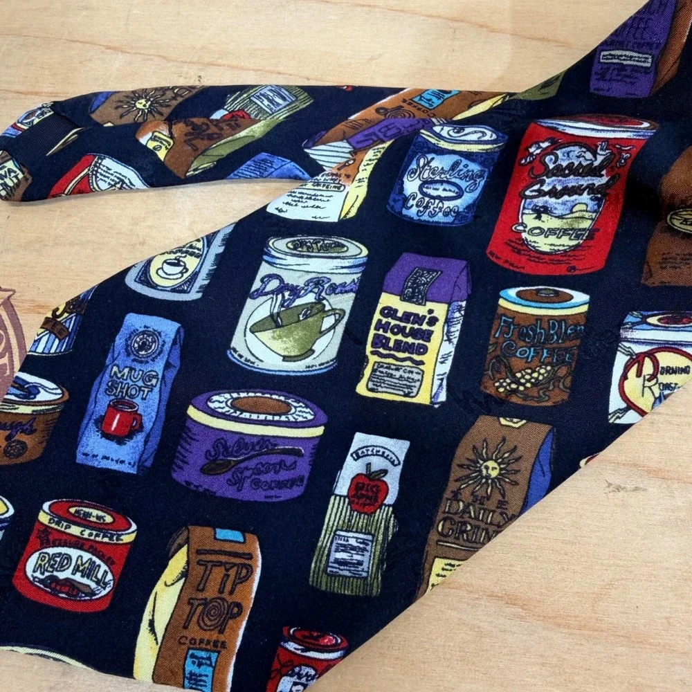 Nicole Miller Necktie OS Navy Blue‎ Coffee Tin Novelty Print Silk Hand Sewn Tie